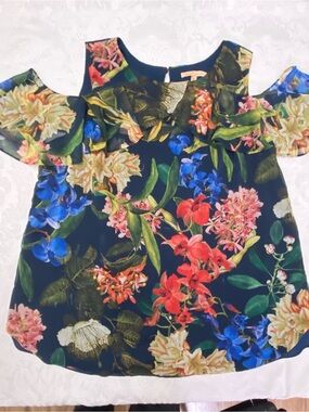 Gibson Latimer Navy Floral Cold-Shoulder Blouse Top with Multicolor Blooms XL